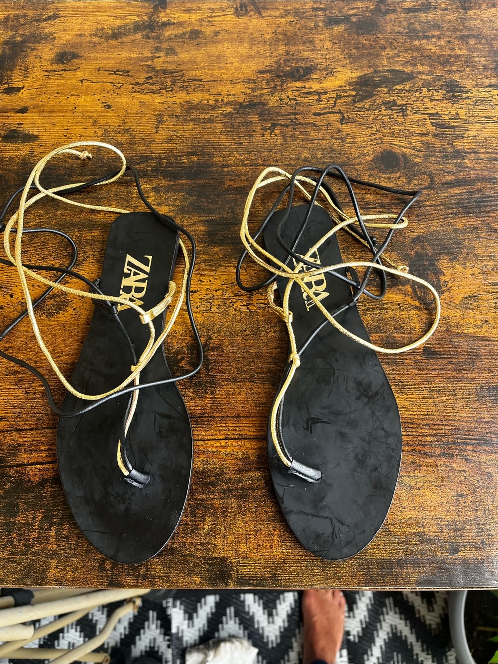Zara Black Flat Lace-Up Sandals with Gold Straps